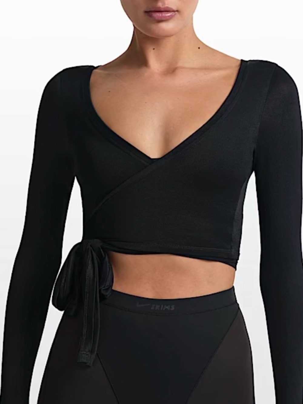 NikeSkims Stretch Knit Long Sleeve Wrap Top in Black Obsidian